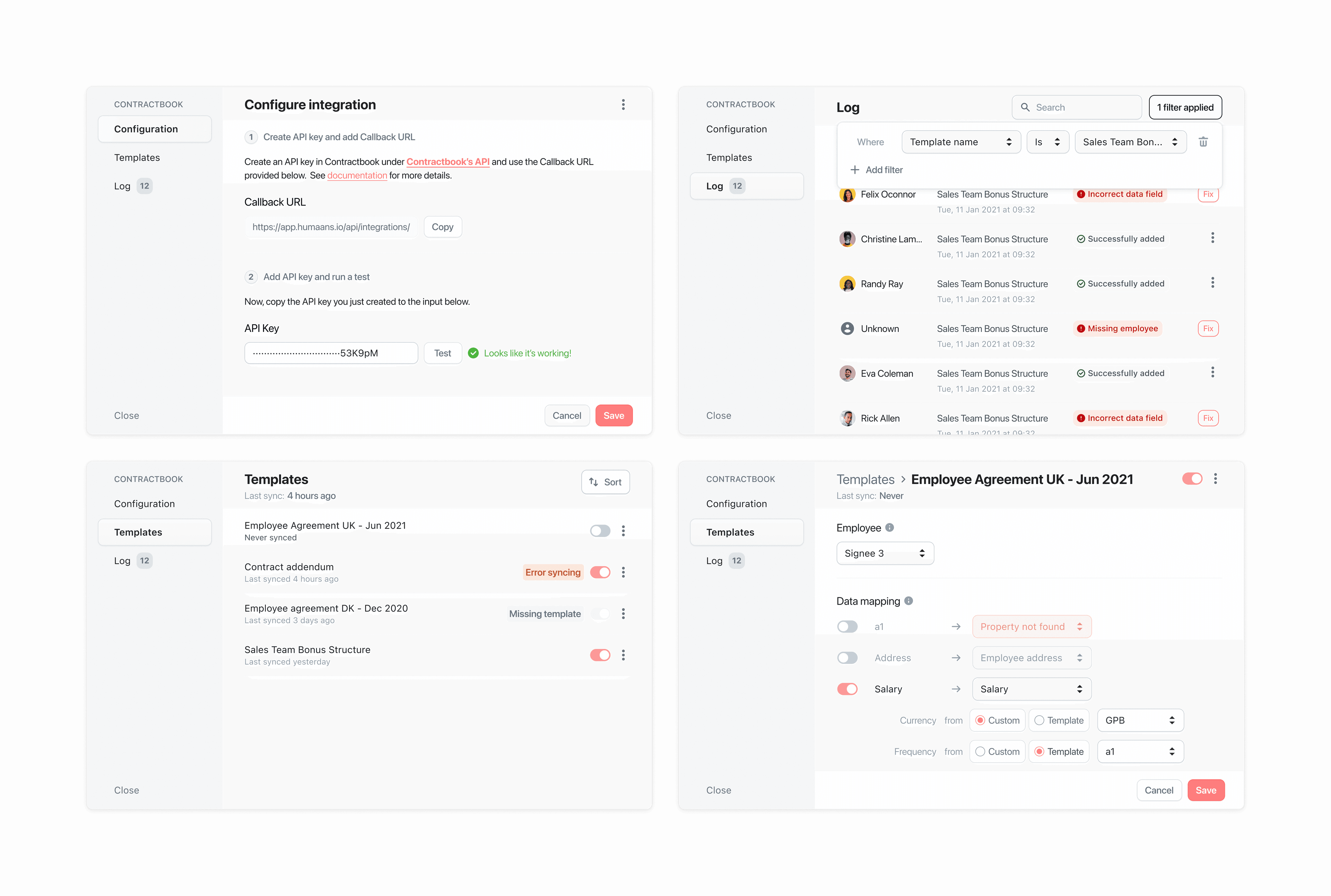 From top left to bottom right: integration setup and testing, log for monitoring syncing, viewing and syncing contracts, and mapping data from the contract to employee profiles.
