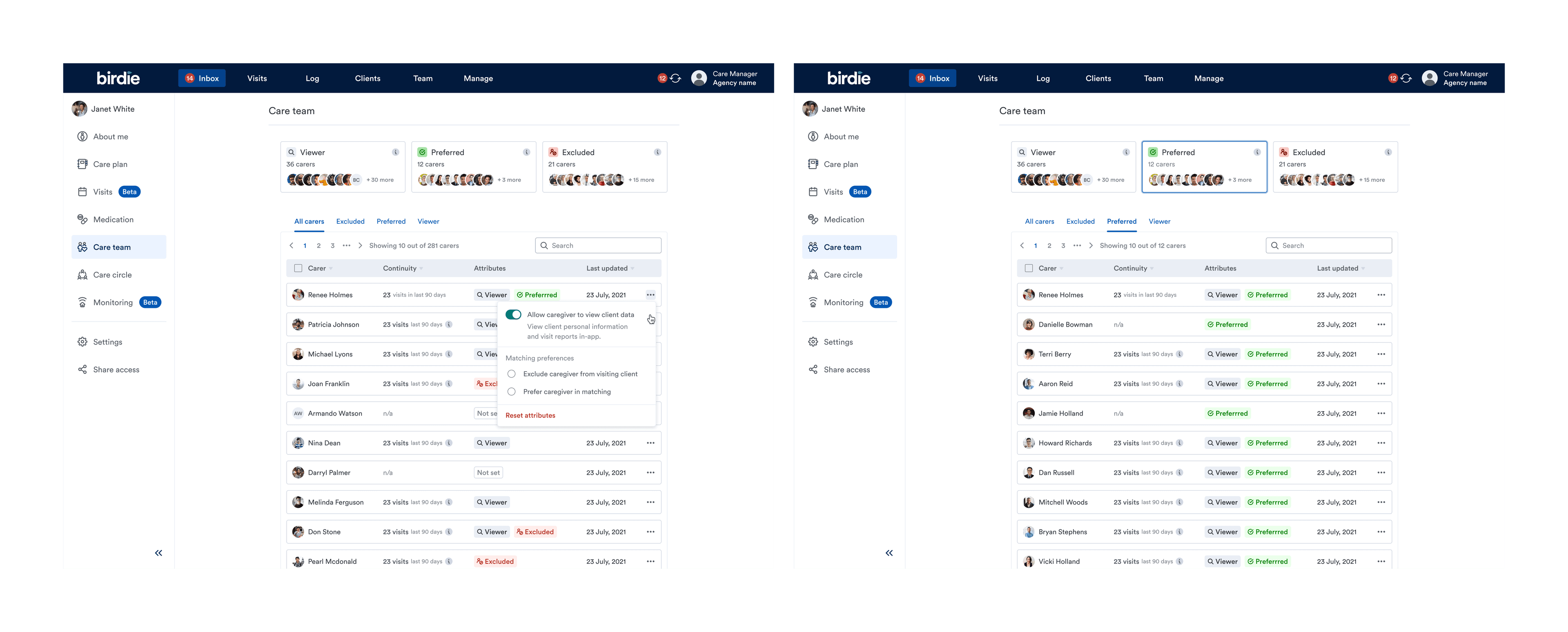 Viewing and managing a client's care team.