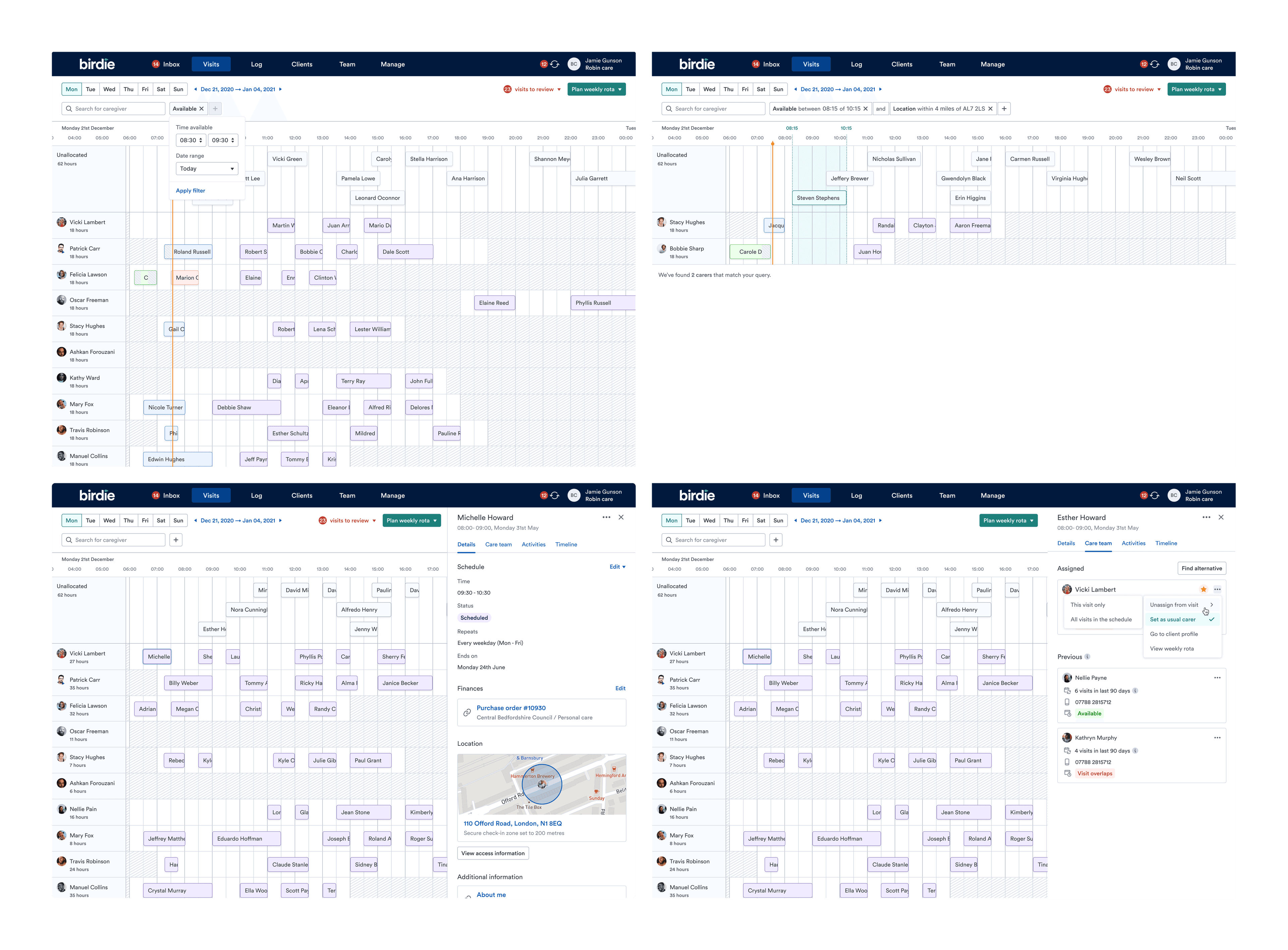 Top: Filtering timeline by availability. Bottom: Viewing and interacting with visit related information in context.