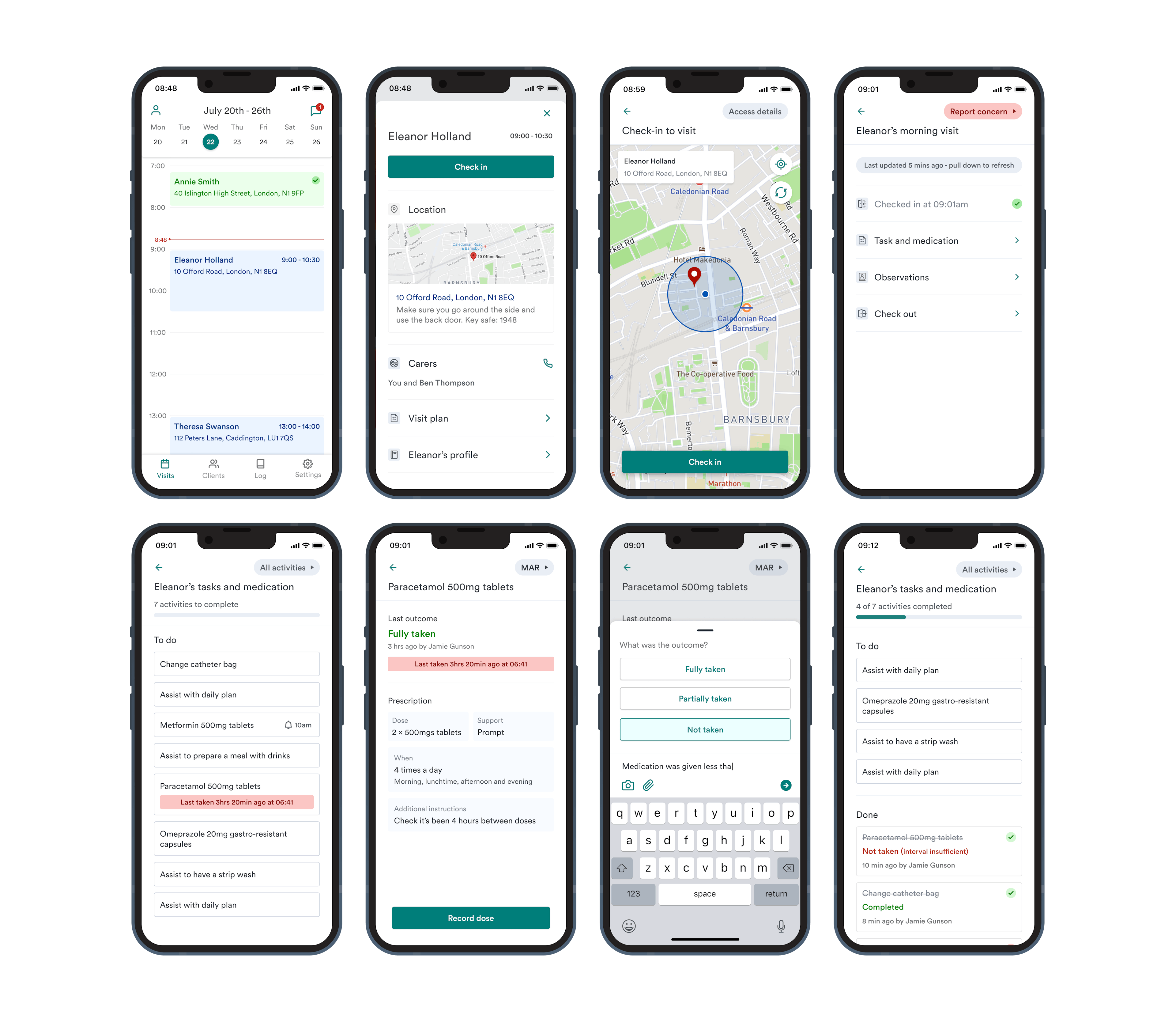 Top: Visit selection to visit check-in (using geo-location). Bottom: Viewing visit tasks and medication through to administering a dose.