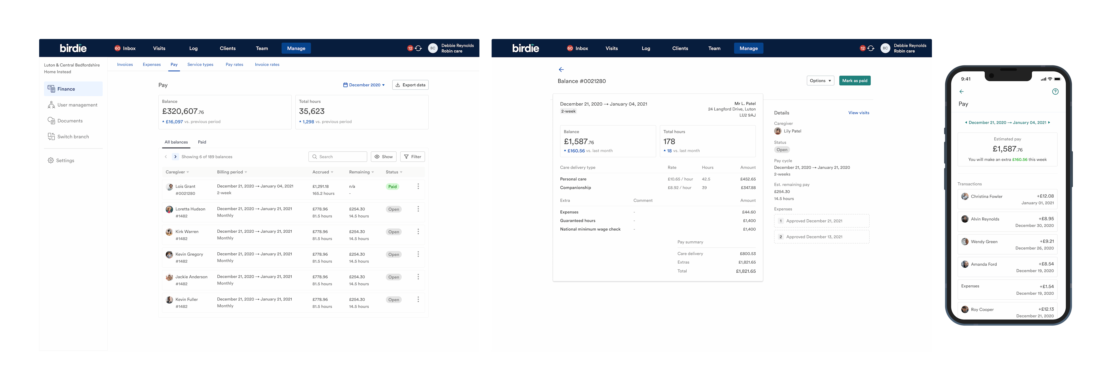 Left: Carer pay dashboard. Middle: Individual carer balance. Right: In-app balances + transactions