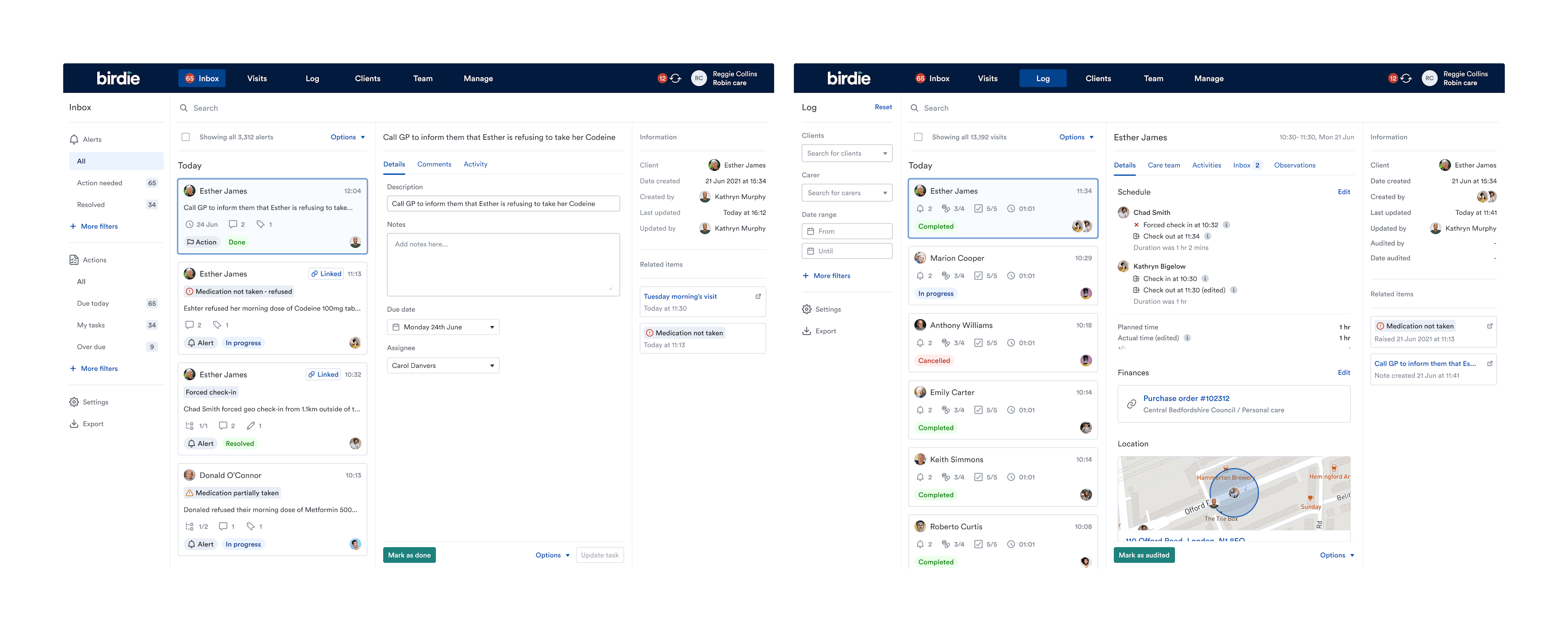 Left: Inbox, containing alerts, actions and notes raised for all clients. Right: Log, containing visit reports for all clients.