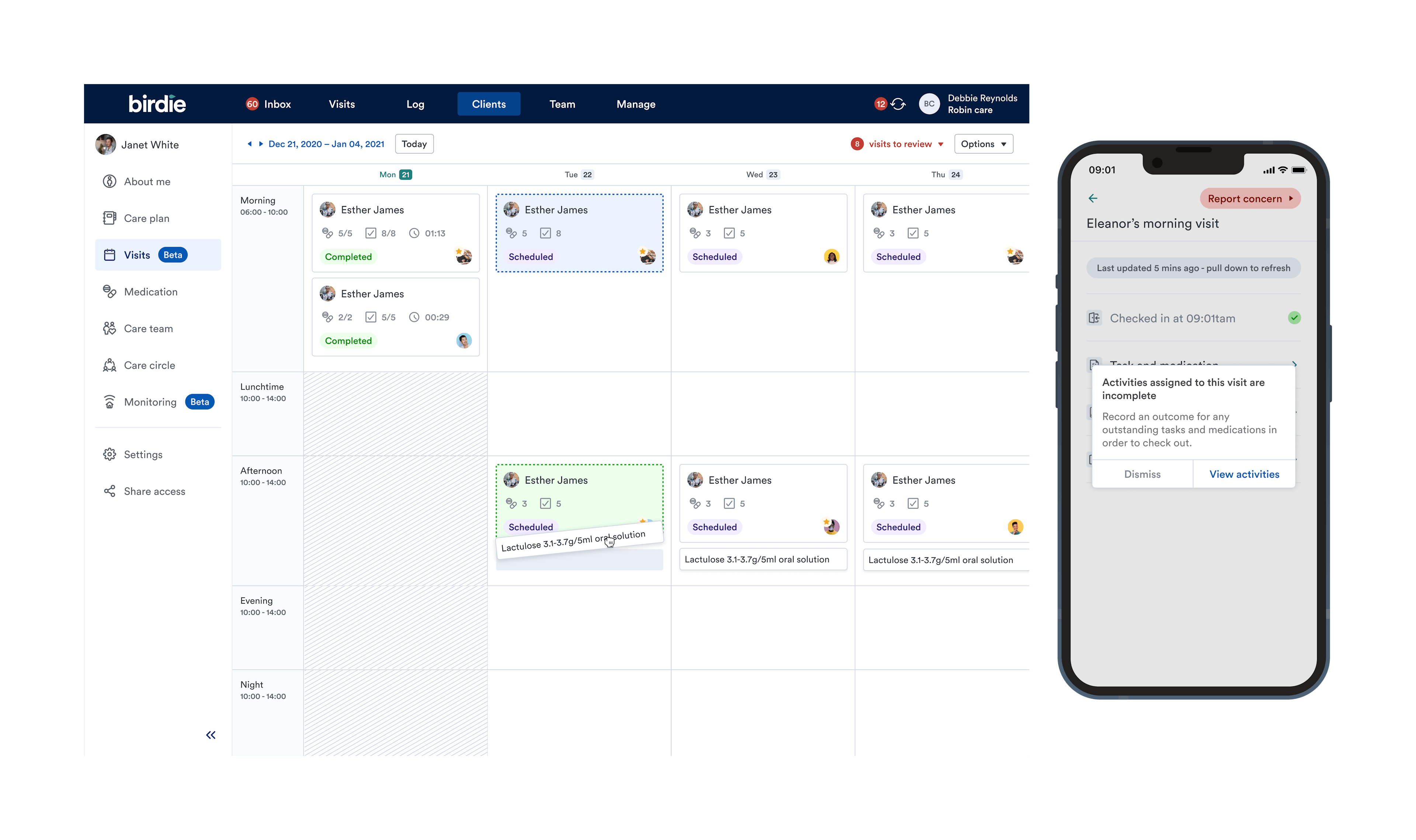 Left: Calendar interface, allowing you to align tasks and medication with visits. Right: Preventing carers from checking out until all medication and task assigned to visit had been recorded. This significantly increased medication adherence and cut down on unnessecary alerts.